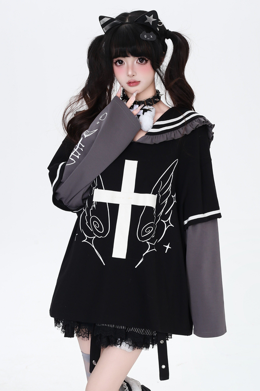 Cross Design Ruffled Sailor Top