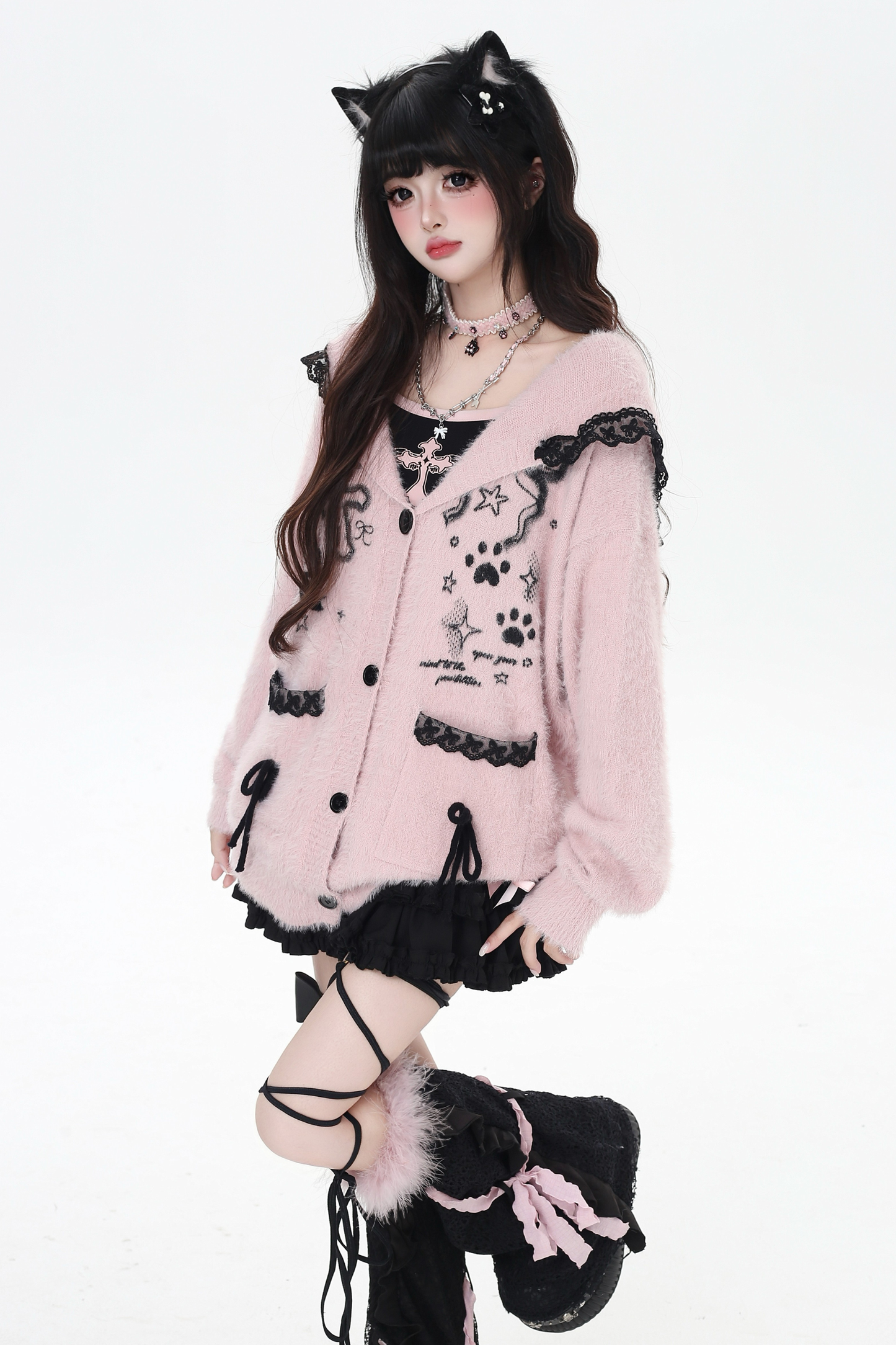 Lace hooded cardigan with rabbit ears