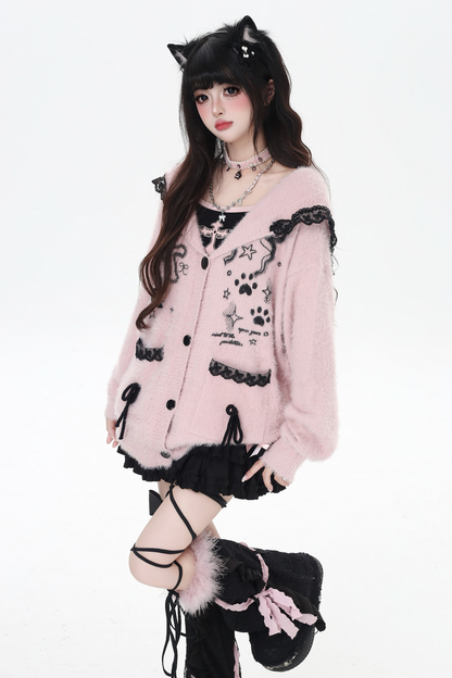 Lace hooded cardigan with rabbit ears