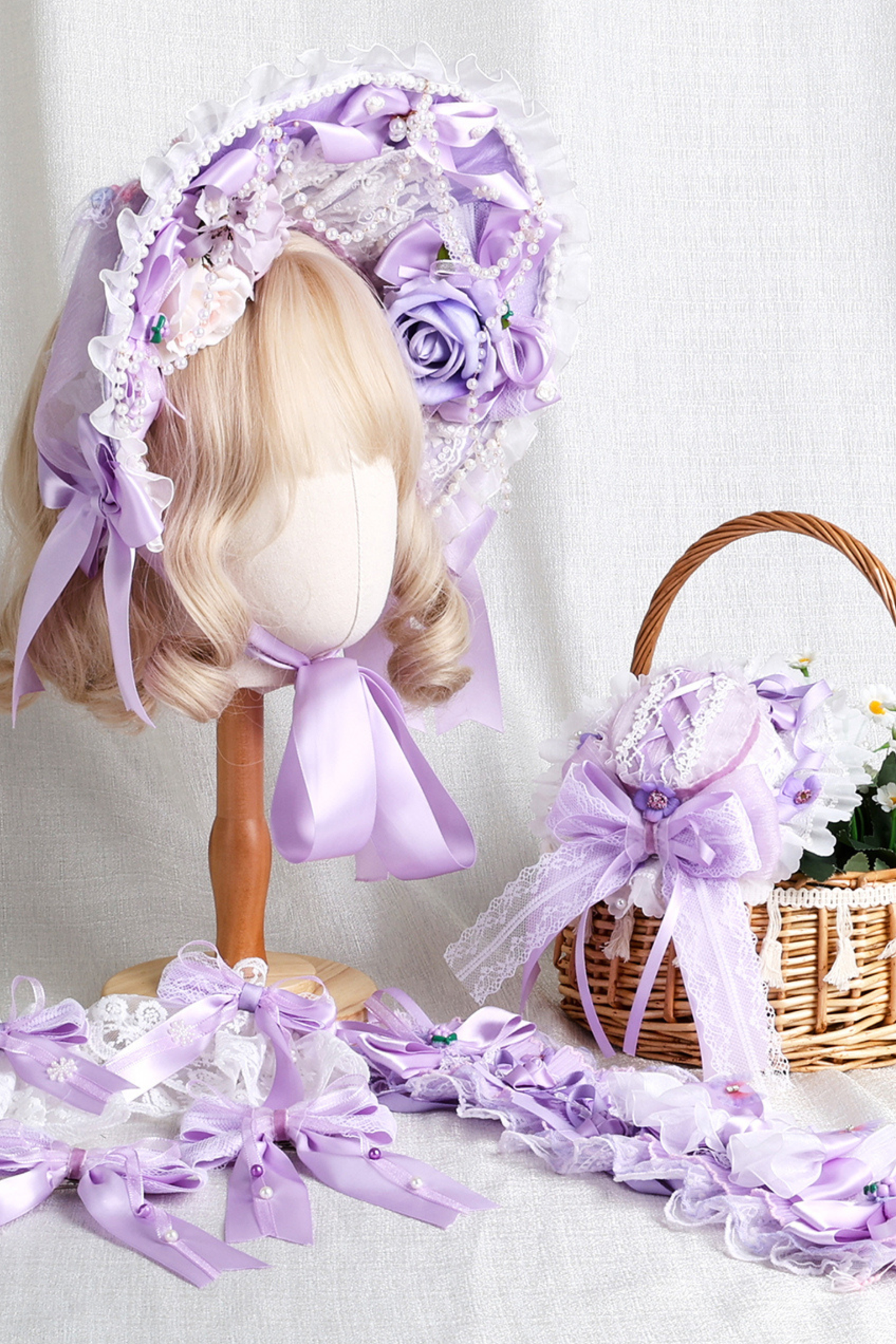 パープルブライダルリボンフラワーボンネット+ハットクリップ+ヘアバンド+リボンクリップ+スリーブ