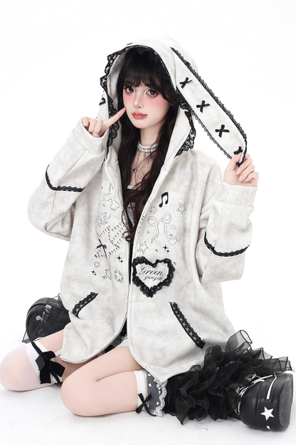 レースバニーフードルーズパーカー