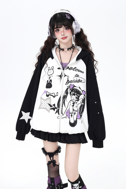 Dark Cute Loose Zip Hooded Hoodie