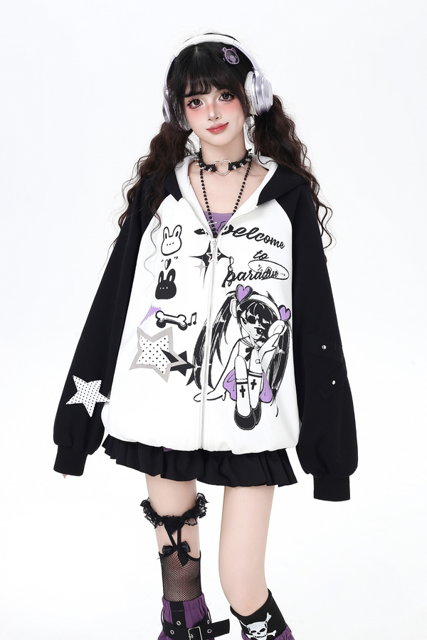 Dark Cute Loose Zip Hooded Hoodie