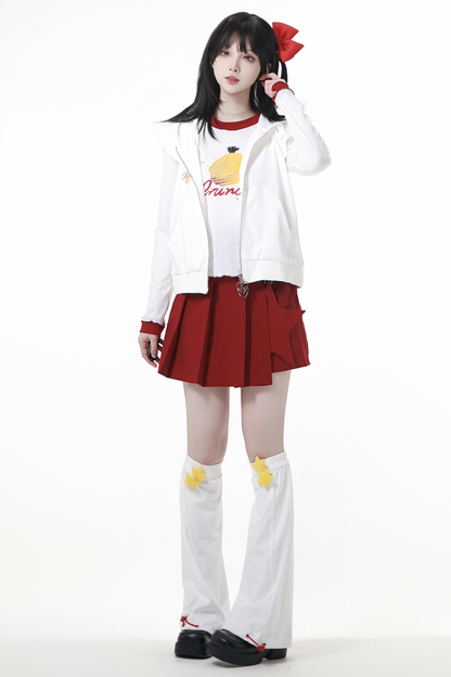 スナックガールフードベスト+トップス+プリーツスカート+レッグウォーマー