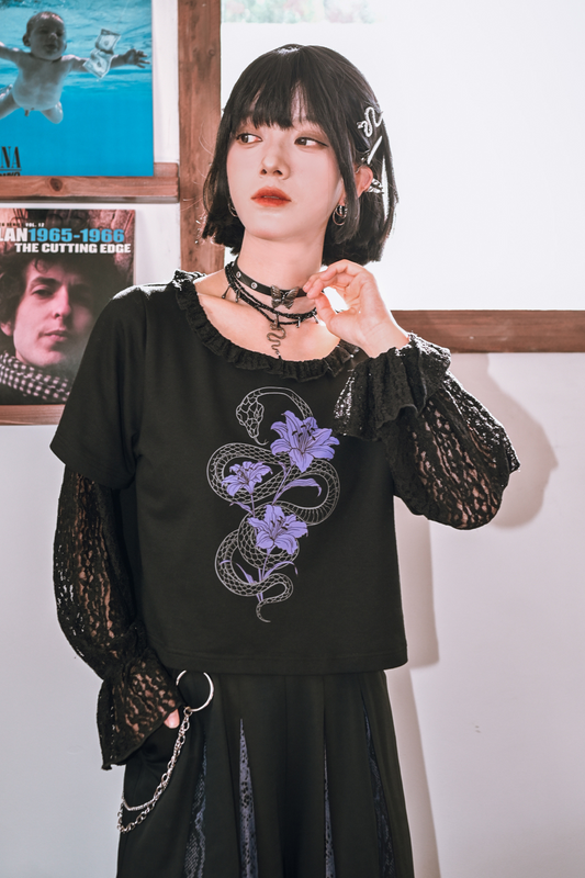 Lace Stitch Black Sweet Cool Top