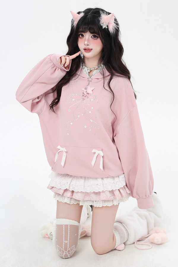 リボンデザインルーズフードスウェット