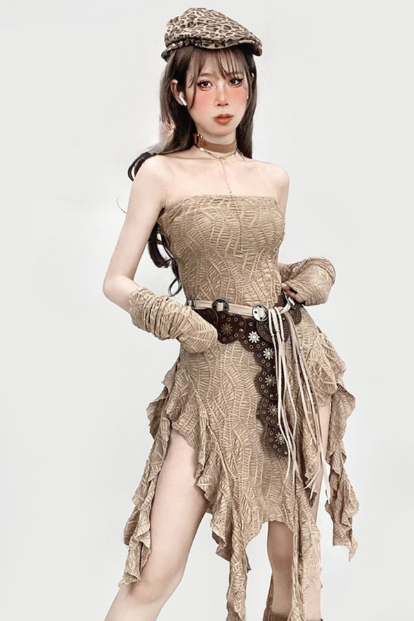 Khaki Ruffle Strapless Dress + Shorts – Belchic