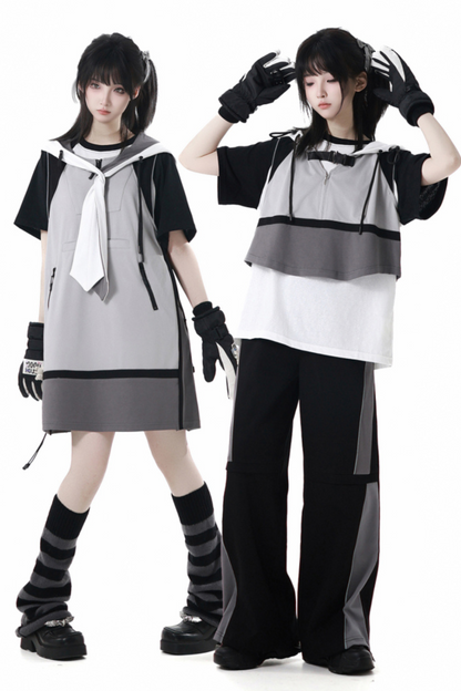 モードカジュアルレイヤードベスト+Tシャツ+ワイドパンツ+ワンピース