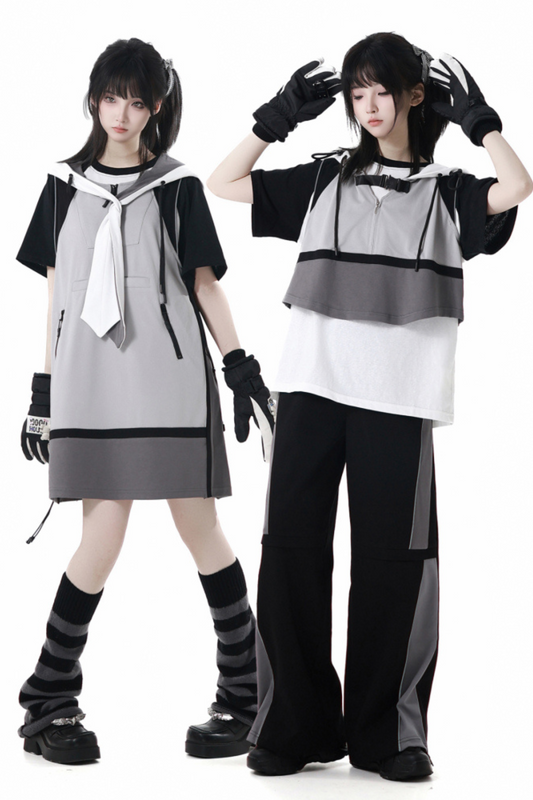 モードカジュアルレイヤードベスト+Tシャツ+ワイドパンツ+ワンピース