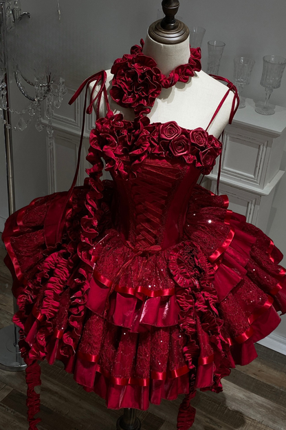 [Vorbestellung] Weinrotes Fischgräten-Lolita-Kleid