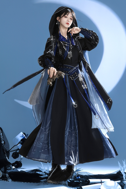 Dark china hooded top + belt + cape + necklace + skirt