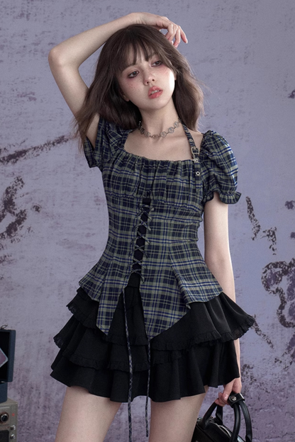 ヴィンテージグリーンチェックトップス