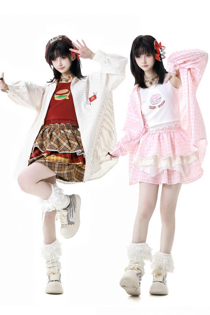 オーバーシャツ＋ノースリーブトップス＋ケーキスカート