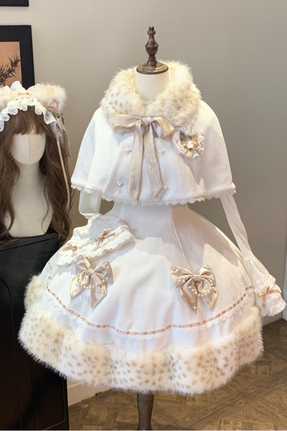 Cat Fleece Lolita Cape + Snow Lolita Dress + Flared Sleeve Top