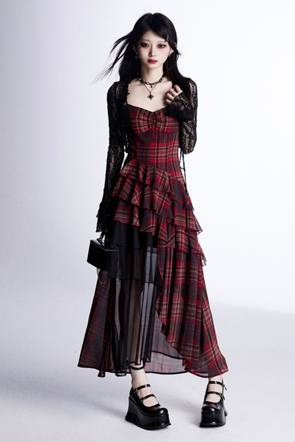 チェックハルタードレス＋シアーカーディガン