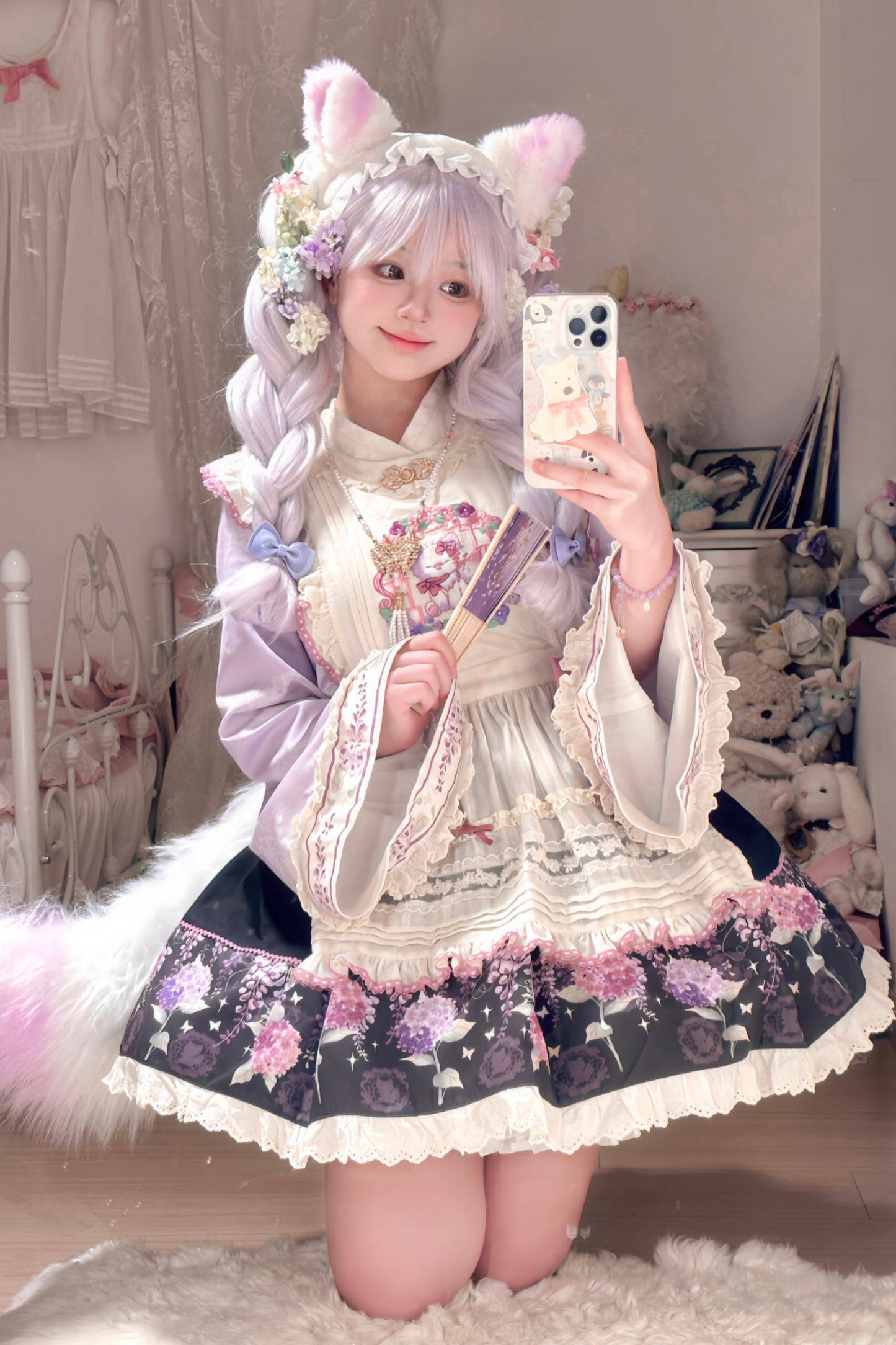 フローラルチャイナロリータトップス+スカート+エプロン+カチューシャ+ボンネット