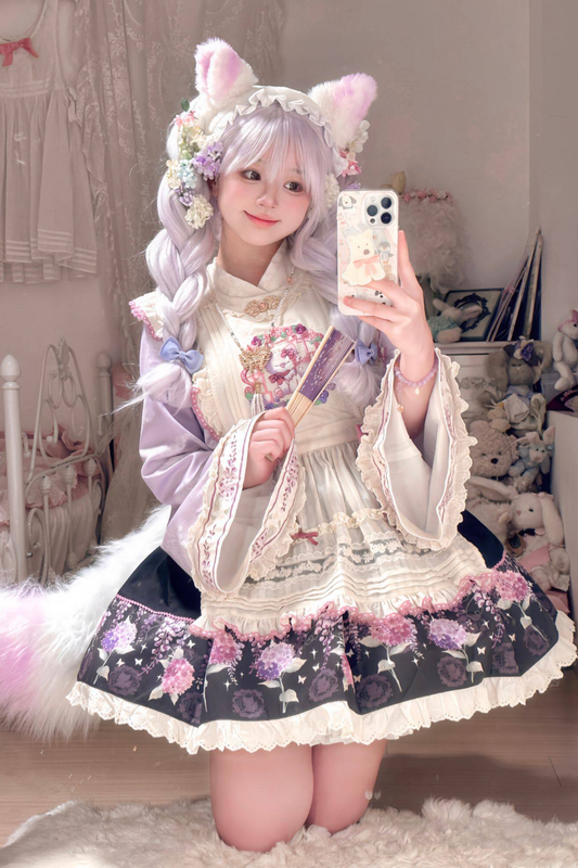 フローラルチャイナロリータトップス+スカート+エプロン+カチューシャ+ボンネット