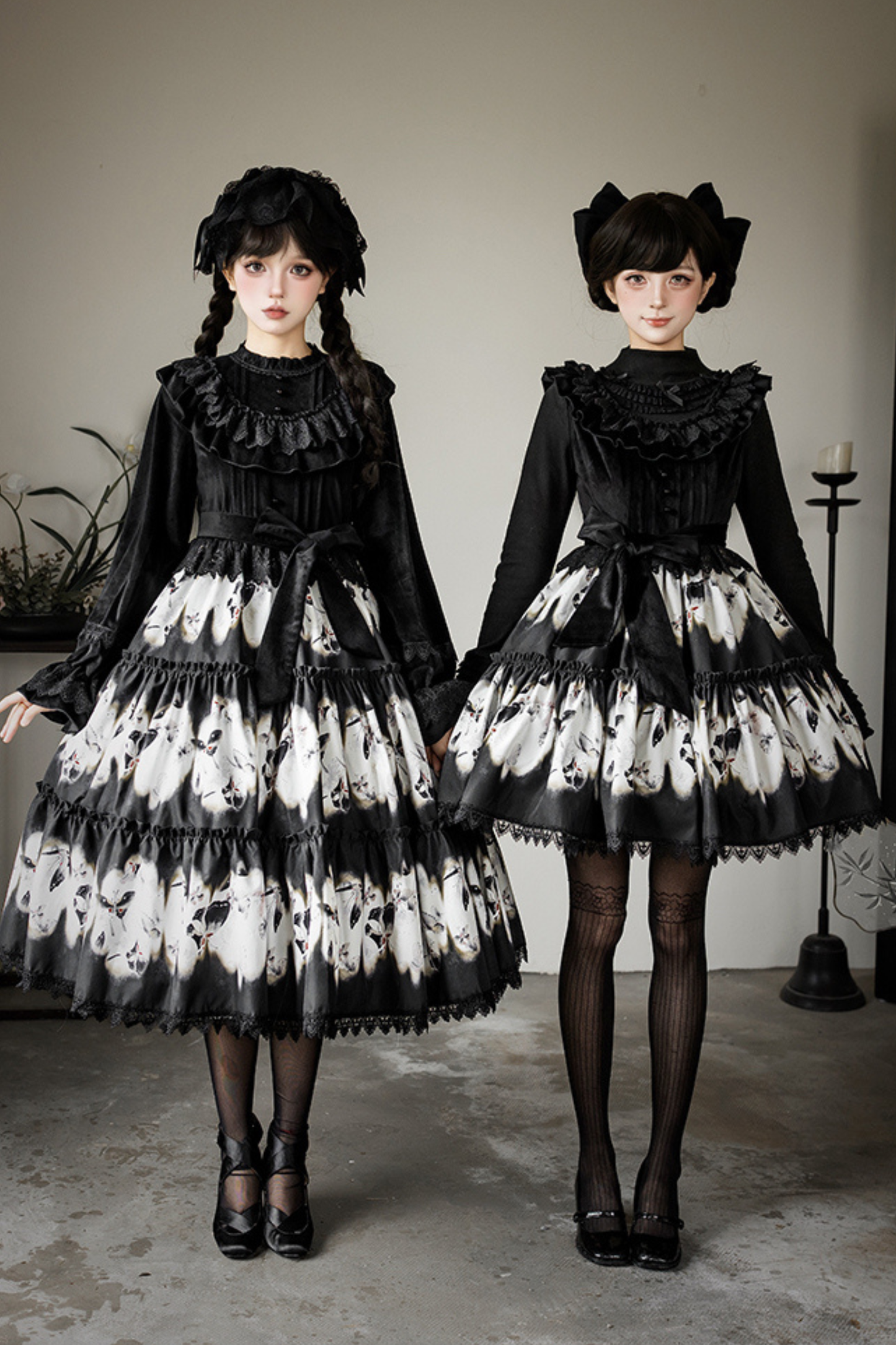 シックバタフライプリントスイングロリータドレス+ジャンパースカート+ヘアバンド+インナー+リボン