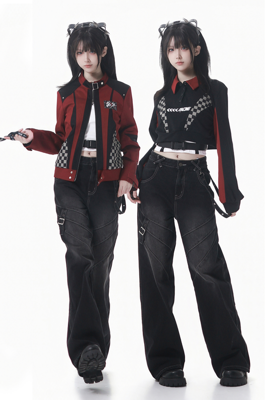 チェッカーボードオートバイジャケット+スウェット+デニムパンツ