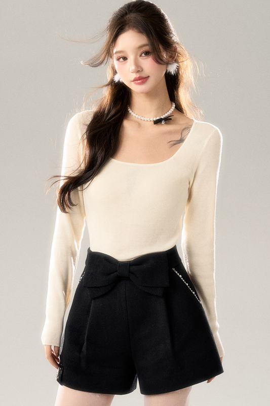 Wool square collar base slim top