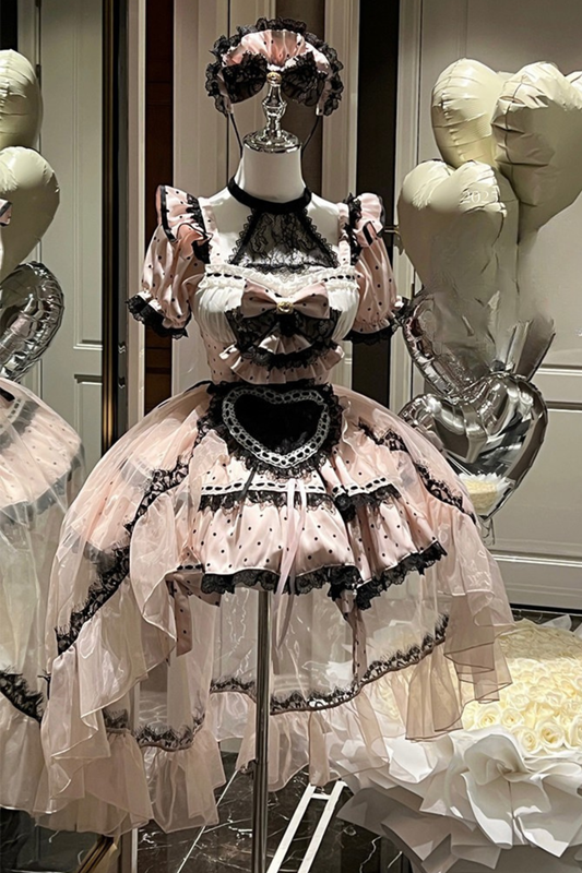 スイートリトルドットメイドロリータドレス+エプロン+ヘッドアクセサリー+ベール