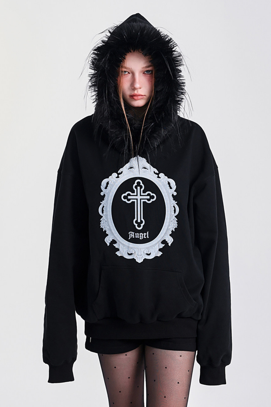 ファーフードモードルーズトップス