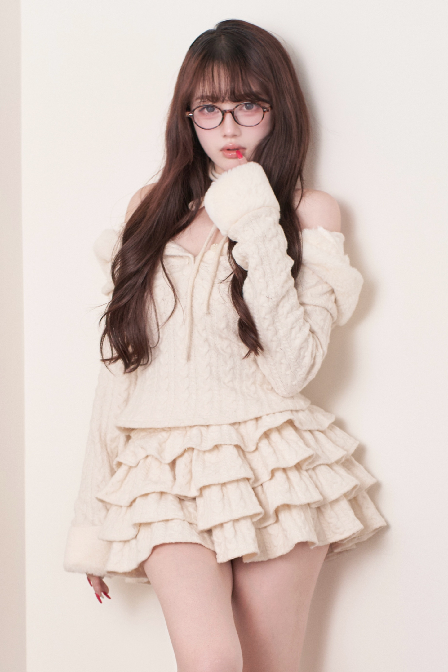 ケーブルニットトップス+ティアードスカート