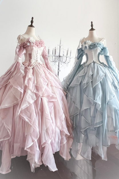 Blue Pink Fishbone Corset Wedding Dress