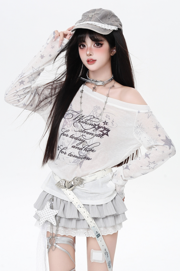 シアーワンショルダールーズY2Kトップス