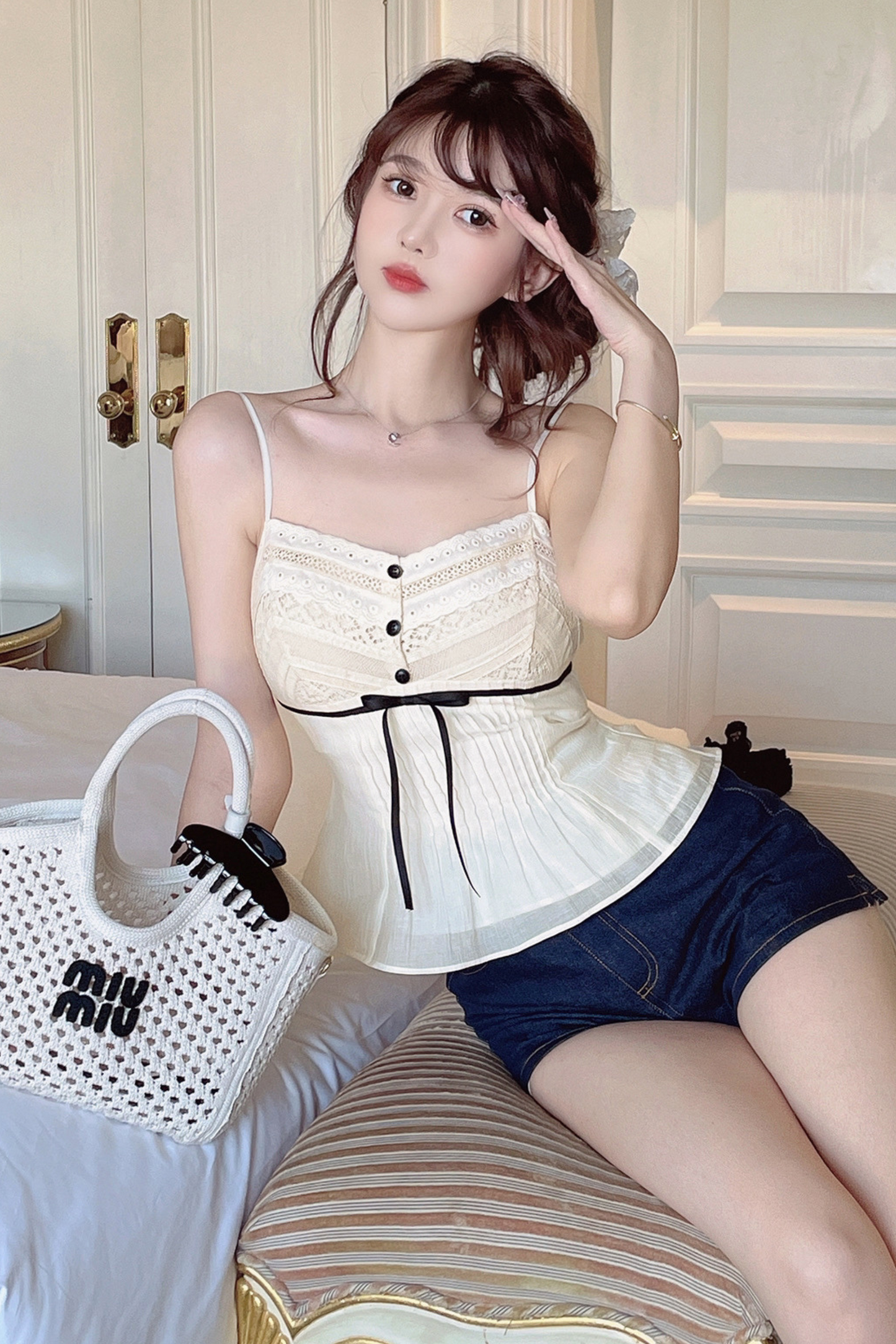 スウィートレースリボンキャミソールトップス＋ショートパンツ