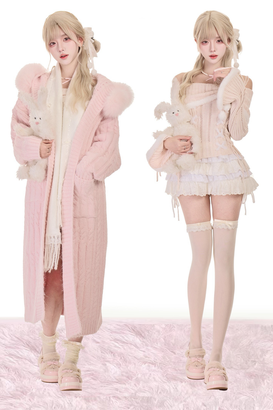 Mist powder knit top + knit long coat + cake skirt