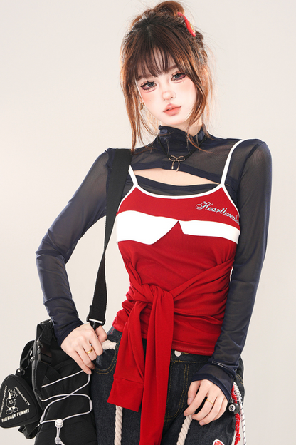 Half Turtleneck Hot Girl Mesh Top + Camisole