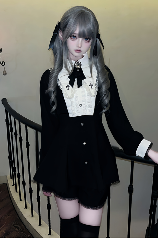 Cross Ruffle Collar Peplum Top + Shorts