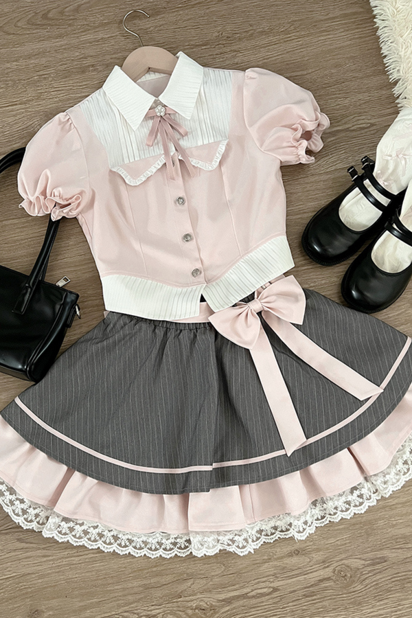 Sweet block shirt + pleated skirt