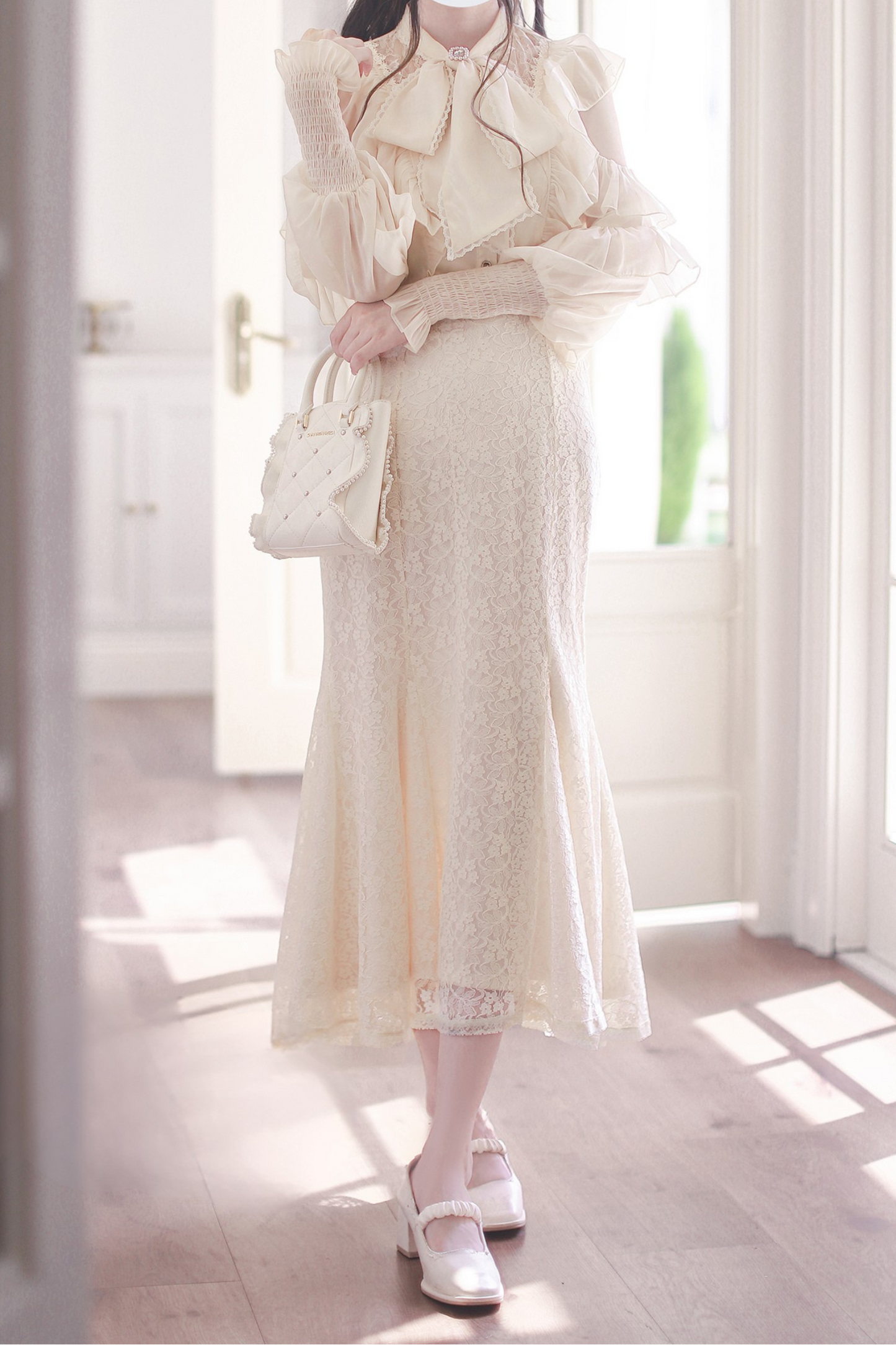 エレガントクリアシフォンビッグリボンシャツ+マーメイドスカート