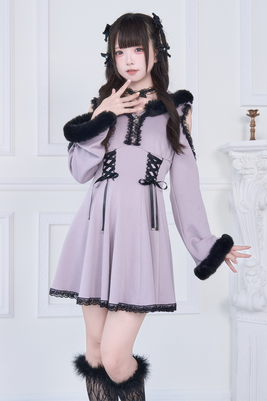 Lace-up Off-the-shoulder Fur Hooded Dress