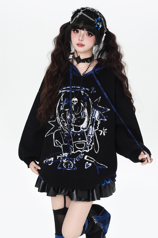 Punk Girl Check Hooded Loose Sweater
