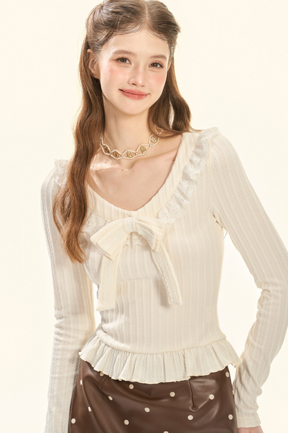 Ruffled Bowknot Knit Top