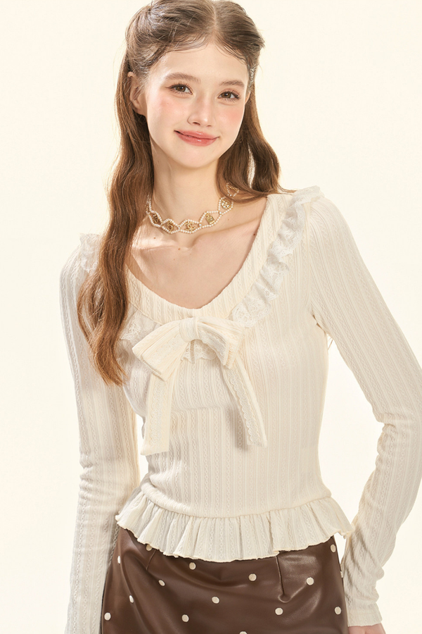 Ruffled Bowknot Knit Top