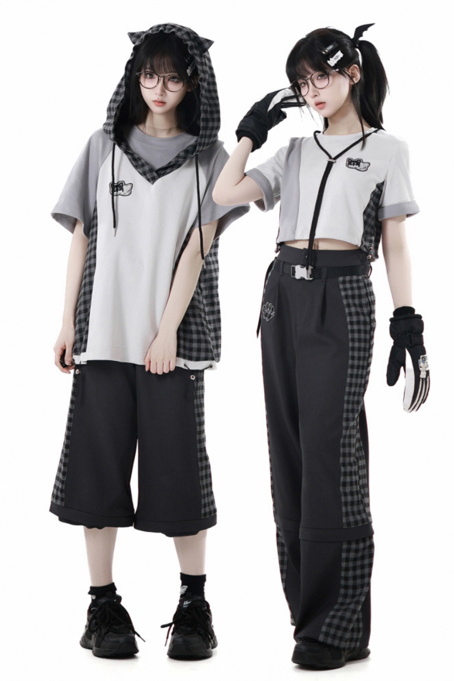 チェックショートトップス+チェックパンツ+フードトップス