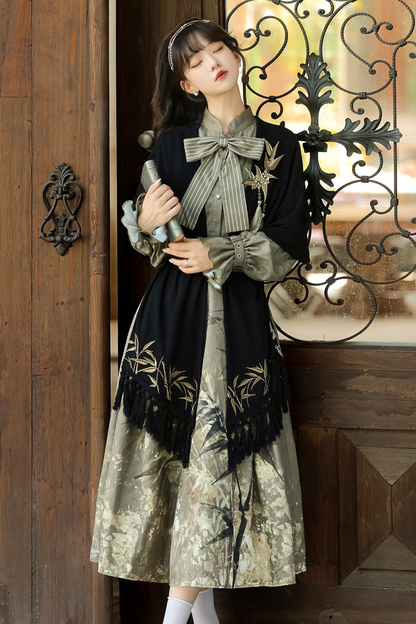 Chic Dark China Print Dress + Shawl