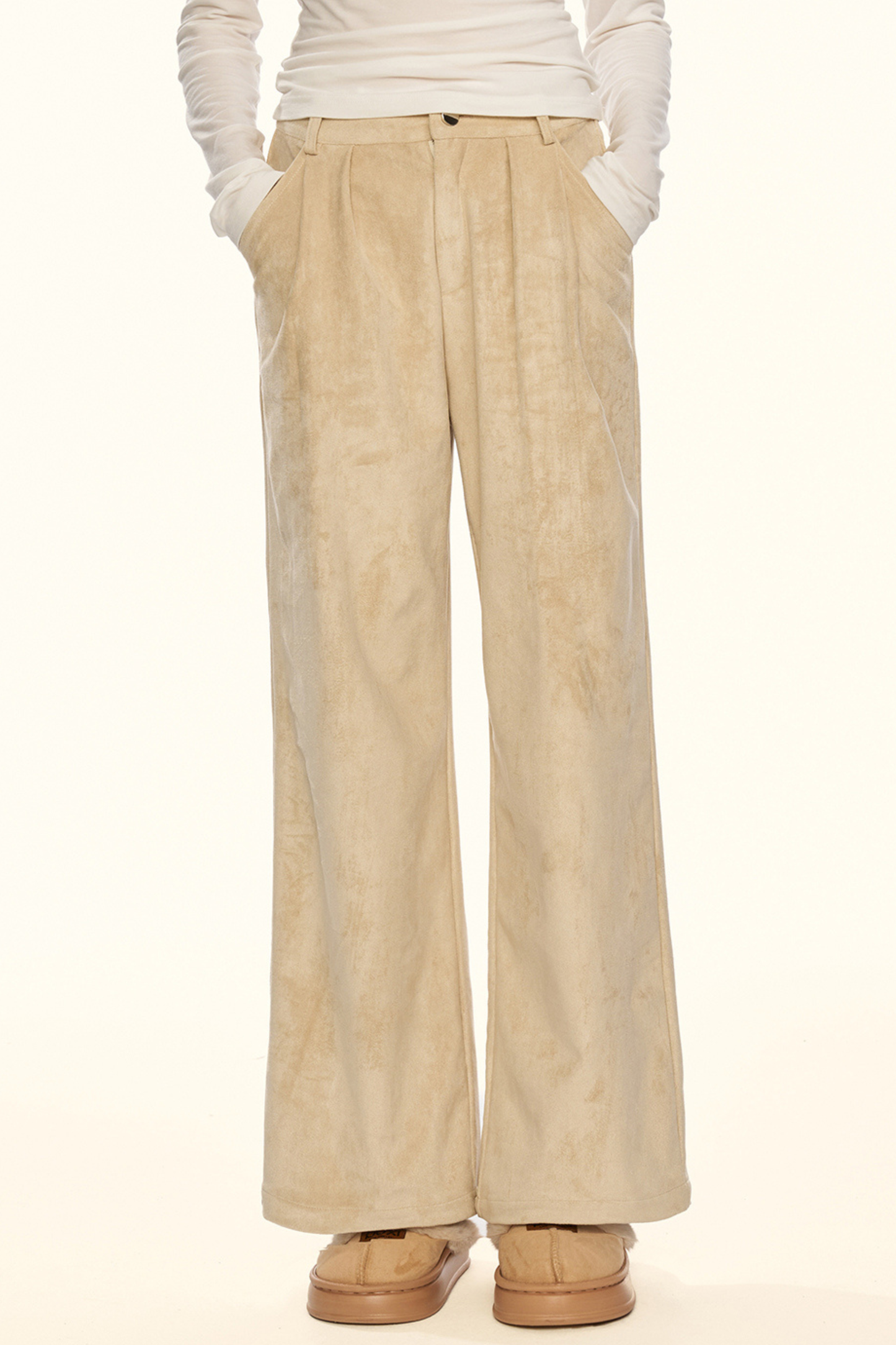 ストレートスエードパンツ+ファーベルト