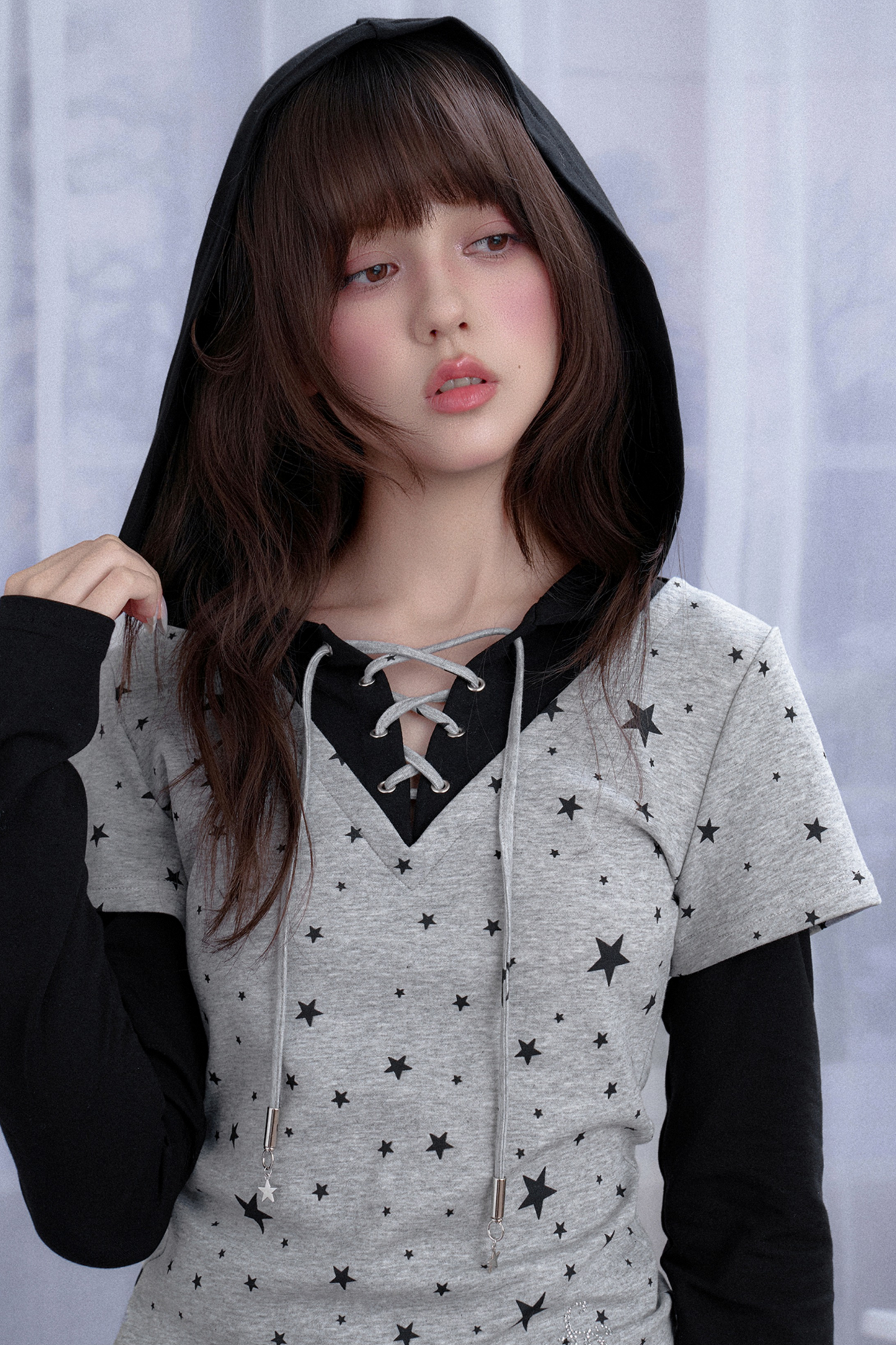 Y2K Star Design Faux Two Piece Hooded Top