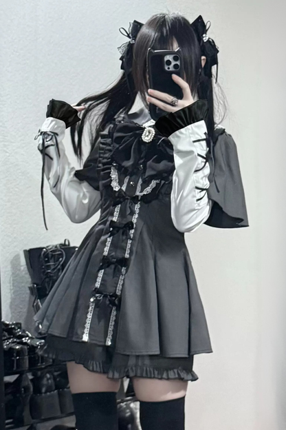 【3月1日予約締切】グレーブラックジュエルリボンフリルドレス＋ロングスリーブ＋ショートパンツフルセット