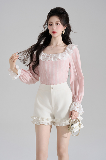 Pink Striped Lace Trim Blouse + Ruffled Shorts