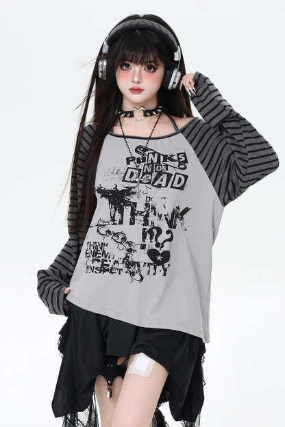 サブカルチャーストライプルーズトップス