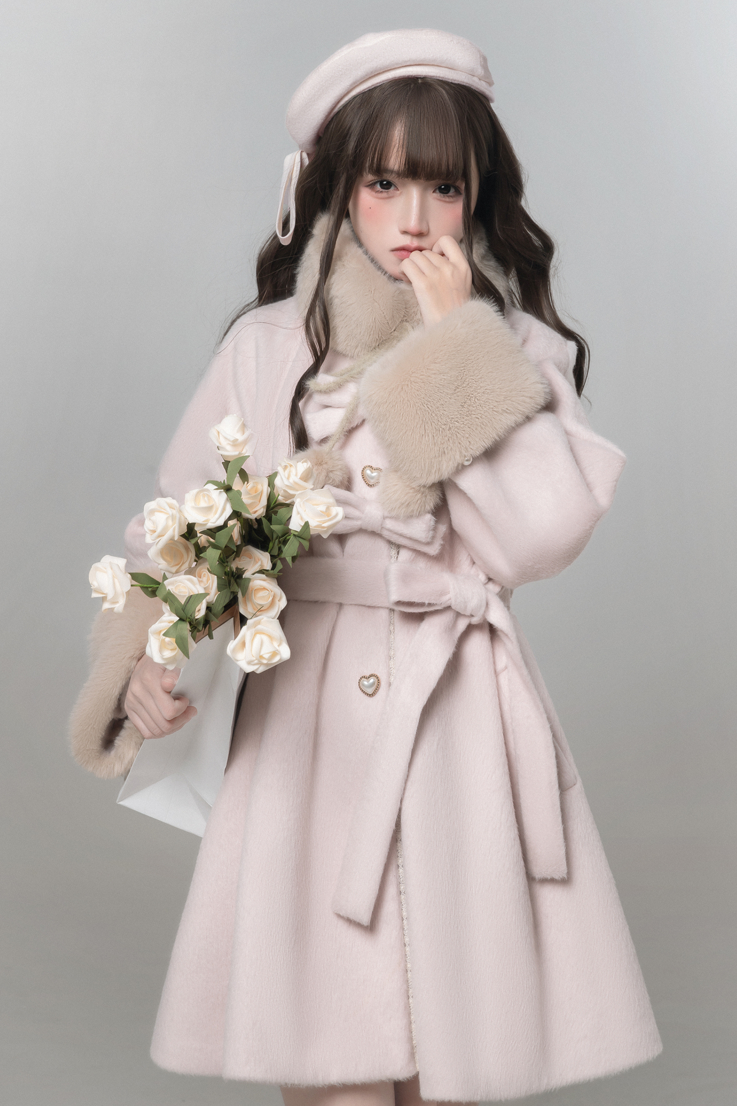 スイートガーリーリボンフレアコート+ファーカラー+シャツ+スカート+ベレー帽