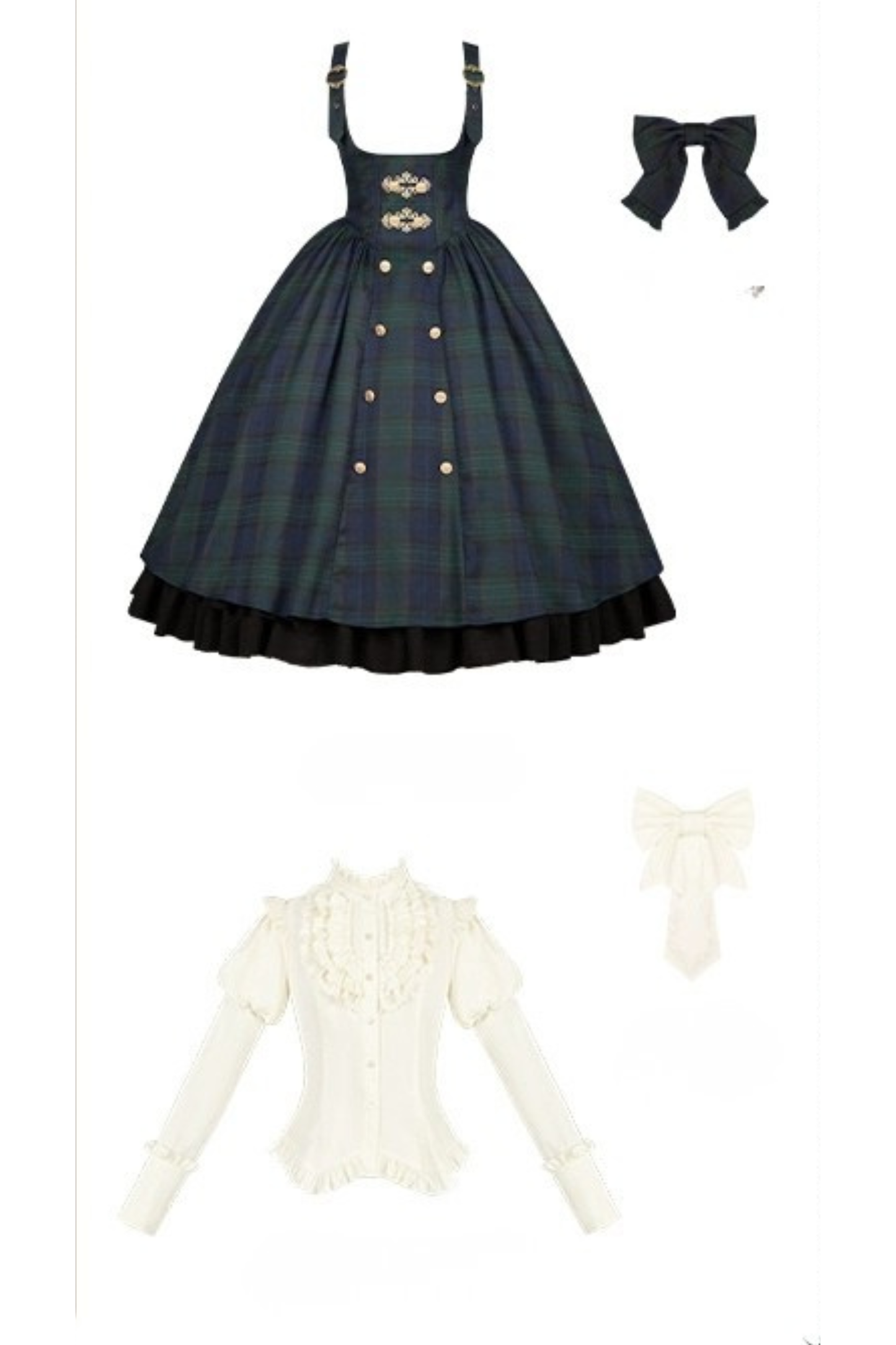 レトロカレッジスタイルチェックロリータスカート＋ジャケット＋マント＋ブラウス＋リボン＋ネックレス