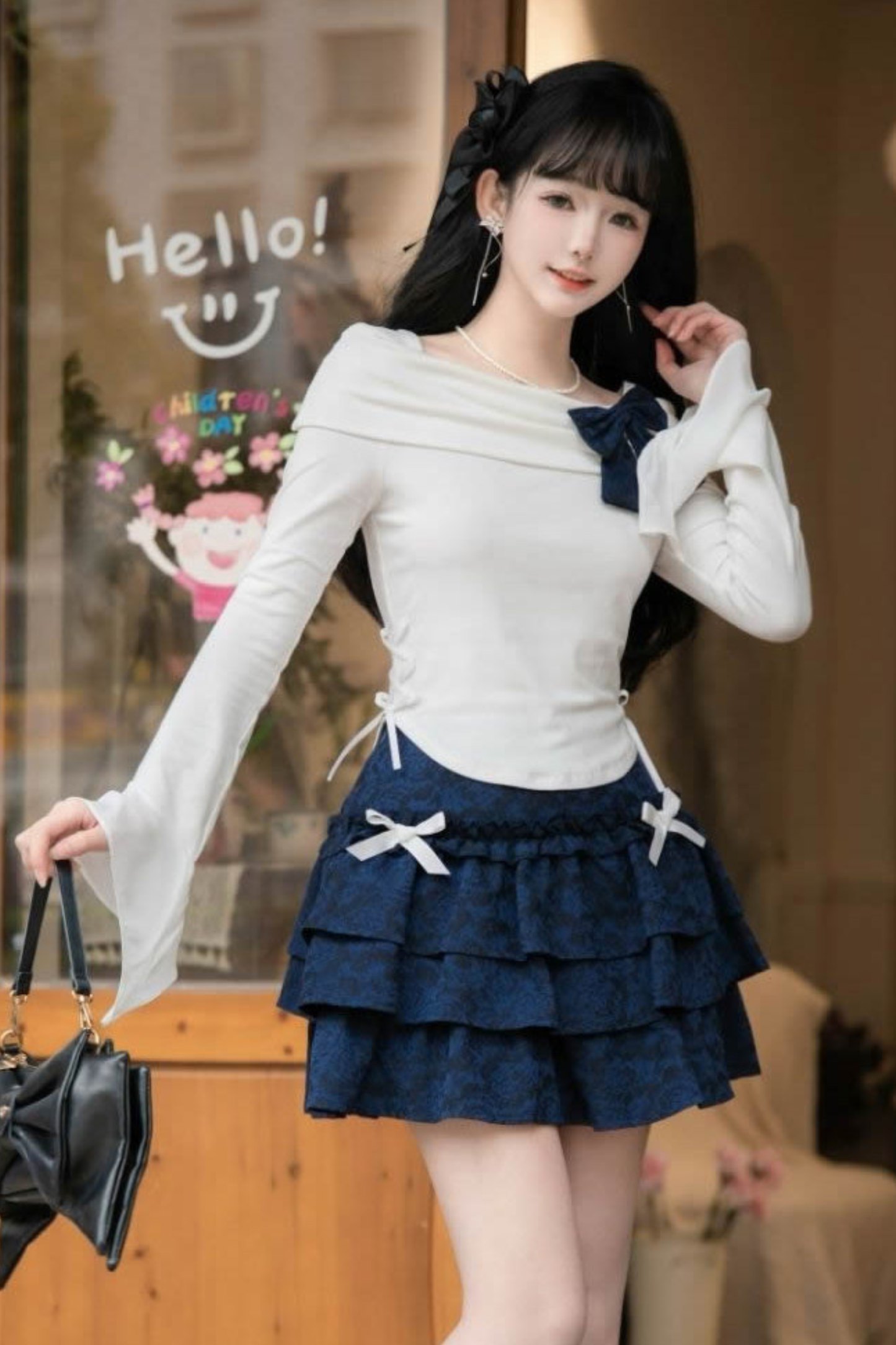 エレガントオフショルダートップス＋リボンスカート