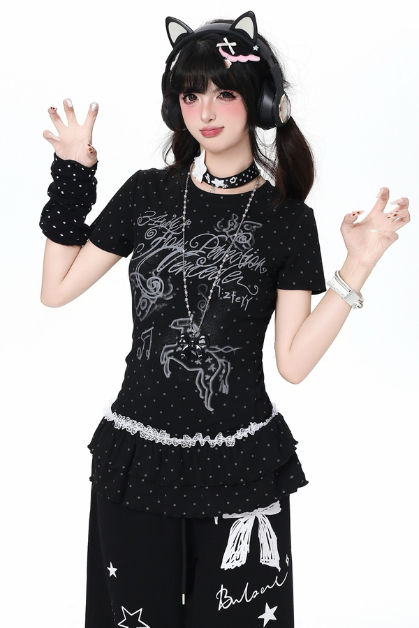 Polka Dot Ruffle Slim-Fit Top